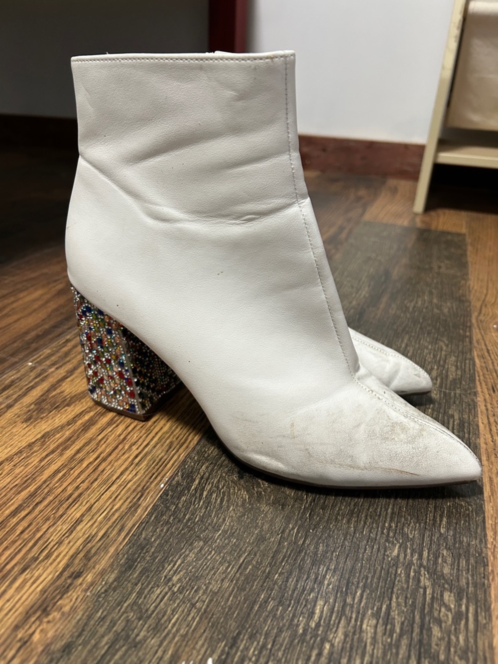 Betsey Johnson White Ankle Boots with Multicolor Jeweled Block Heel